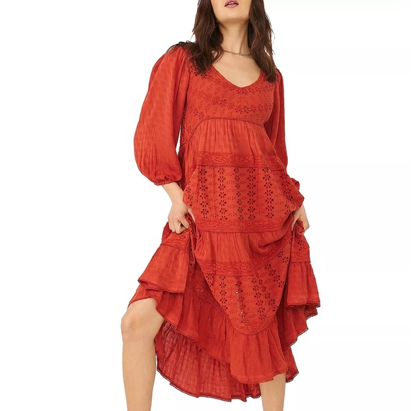 FREE PEOPLE L Mockingbird Maxi Dress in Rooibos Tea • Rust Orange Floral Eyelet - Picture 11 of 13